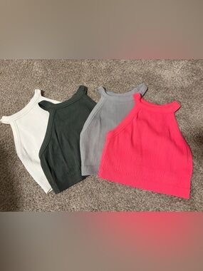 Aerie Womens Ribbed BraFree Halter Crop Tank Set in White, Olive, Gray, Hot Pink